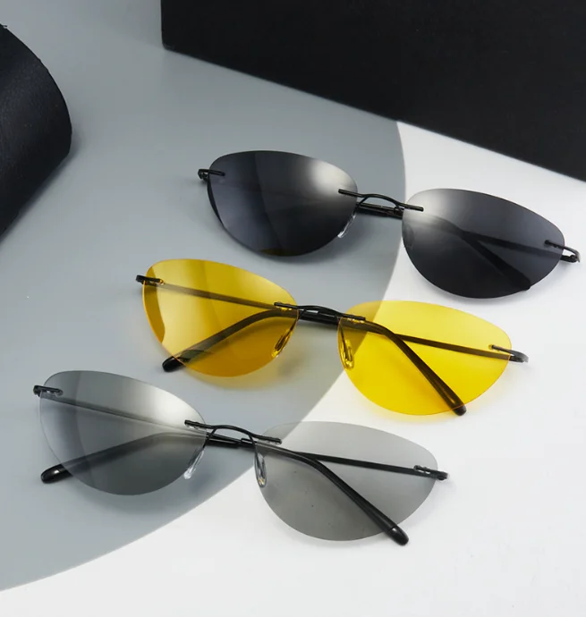 Latest Fashion Ultralight Rimless Matrix Neo Polarized Metal Cat Eye Sunglasses Vintage Shades Glasses Men