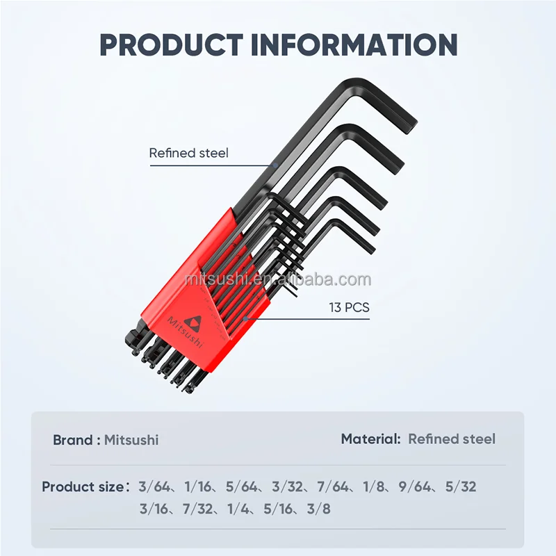 13pcs Chrome Vanadium Steel Ball Point Hex Key Set Metric Measurement System Industrial Use Repairing OEM Customization