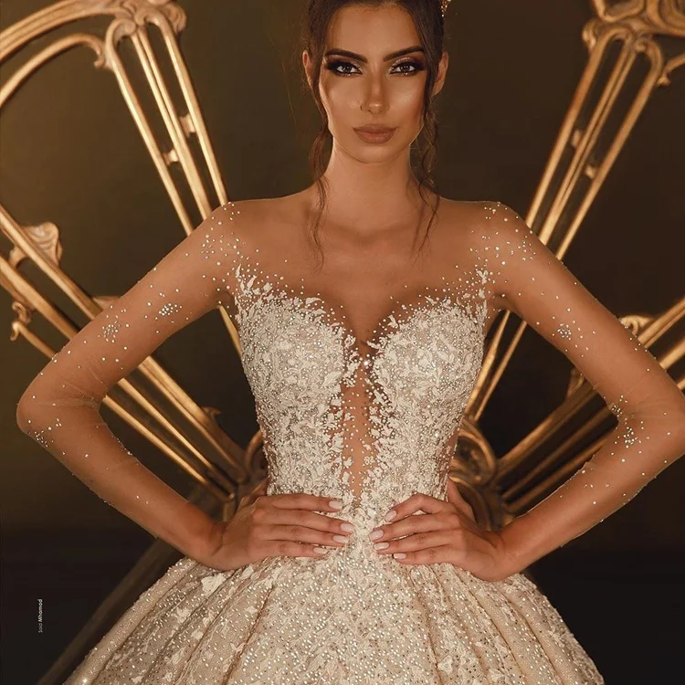 Beading V-Neck Luxury Crystal Wedding Dresses Turkey Istanbul China Manufacturer Long Tail Ball Gowns Wedding Dress For Women