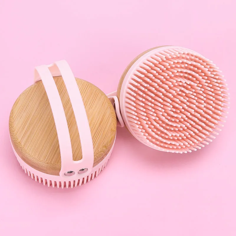 Pore Cleansing Massage Exfoliating Brush Long Leather With Loop Wooden Handle Body Brush Manual Silicone Body Scrubber