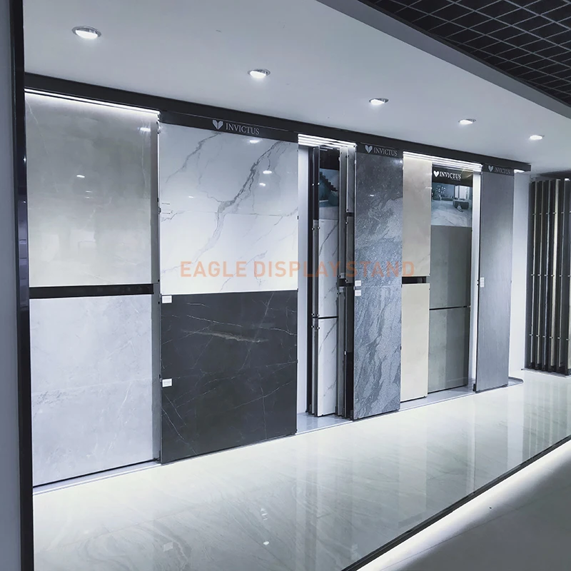 Interior Showroom Design Ceramic Marble Tiles Showroom Display Racks Stands Metal Stone Sliding Display For Sale