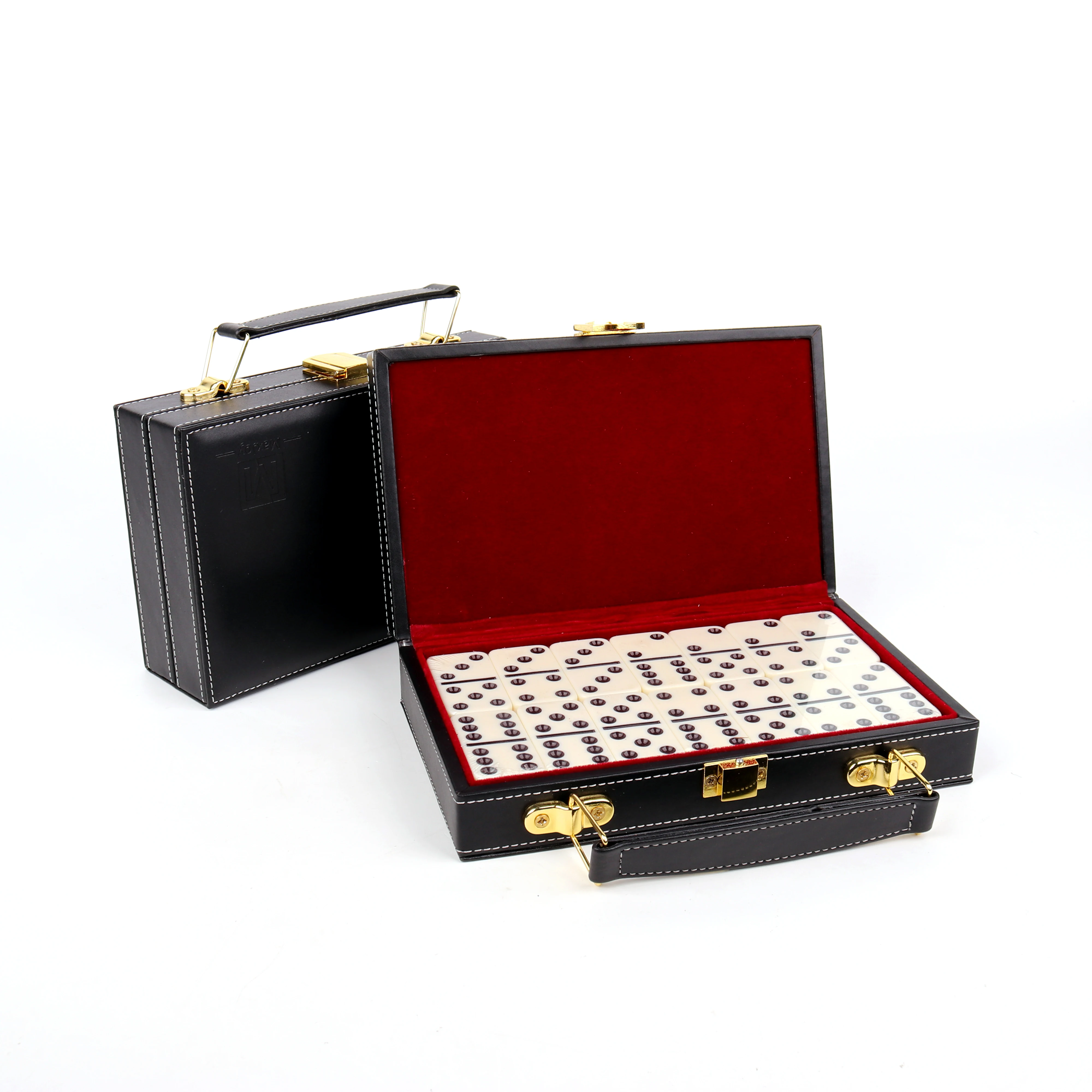 Luxury leather Red velvet metal button flap closure gift box Custom Large Lined Professional Dominoes Storage Box