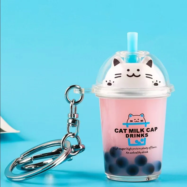 Custom Floating Plastic Key Ring Tea Cup Boba Milk Coffee Cup Keychains Cat Milk Cup key chain