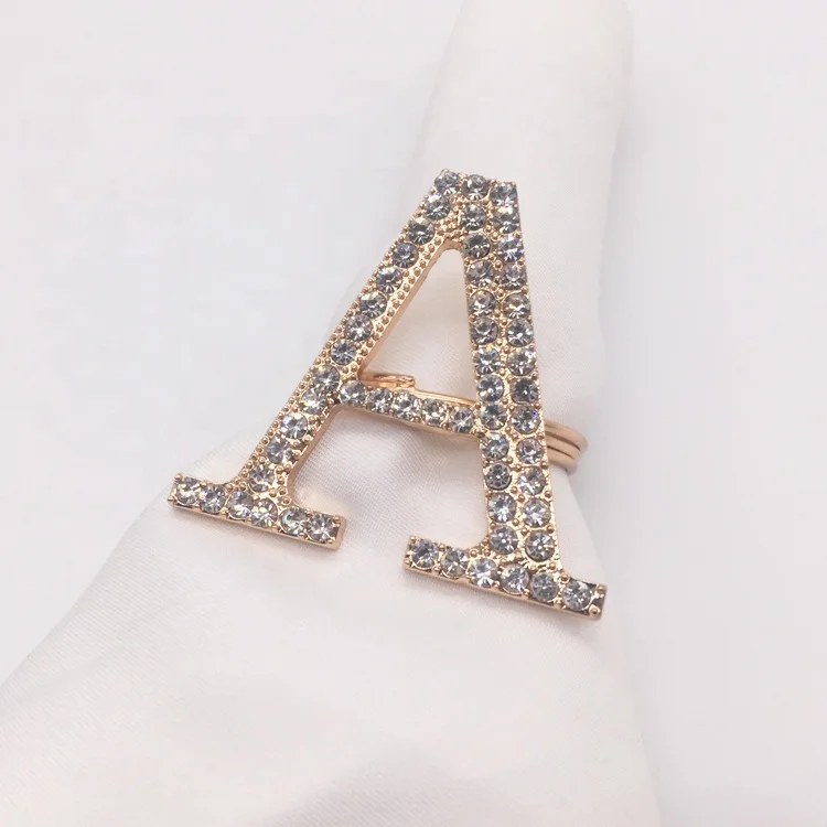 Customized fancy wedding table decoration accessories rhinestone gold metal letter napkin ring