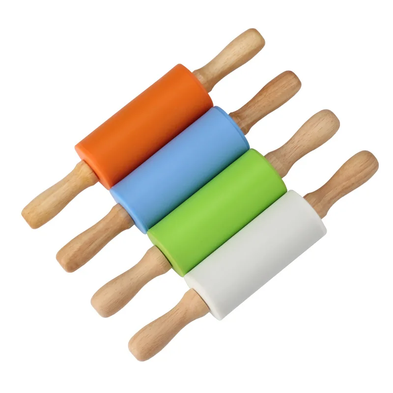 Fast delivery wooden handle silicone Children mini dough rolling pin for kids