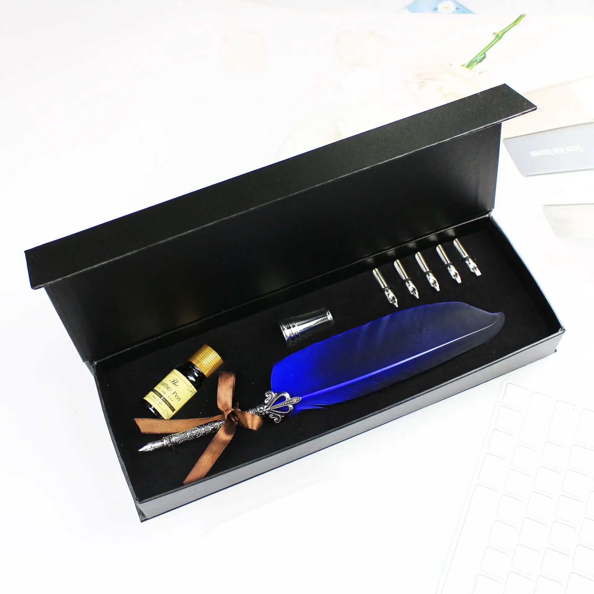 Mechanical Style Feather Pen Set Metal Nibs Fountain Pen With Ink 5 Replacement Nibs Set Calligraphy Writing Dip Pen For Gift