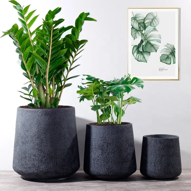 White Black Gray Color Waterproof Fiberclay Pot Planter Clay Flower Plant Pots Round Outdoor Planters