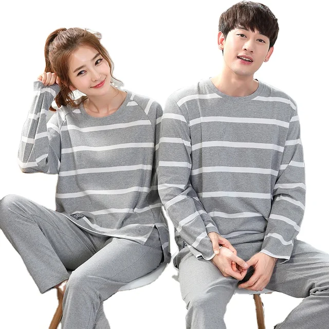 
Spring autumn Pajamas men cotton couple pajamas pullover nightwear pure color 2pcs sets woman man home wear thick comfortable 