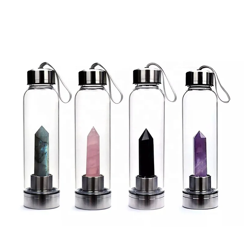 Private Label Natural Wellness Gem Healing Gemstone Infused Glass Crystal Water Bottle