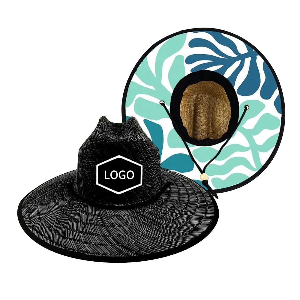 CUSTOM LOGO surfing men unisex uv sun womens summer natural black sombreros de paja lifeguard life guard straw hat for men women