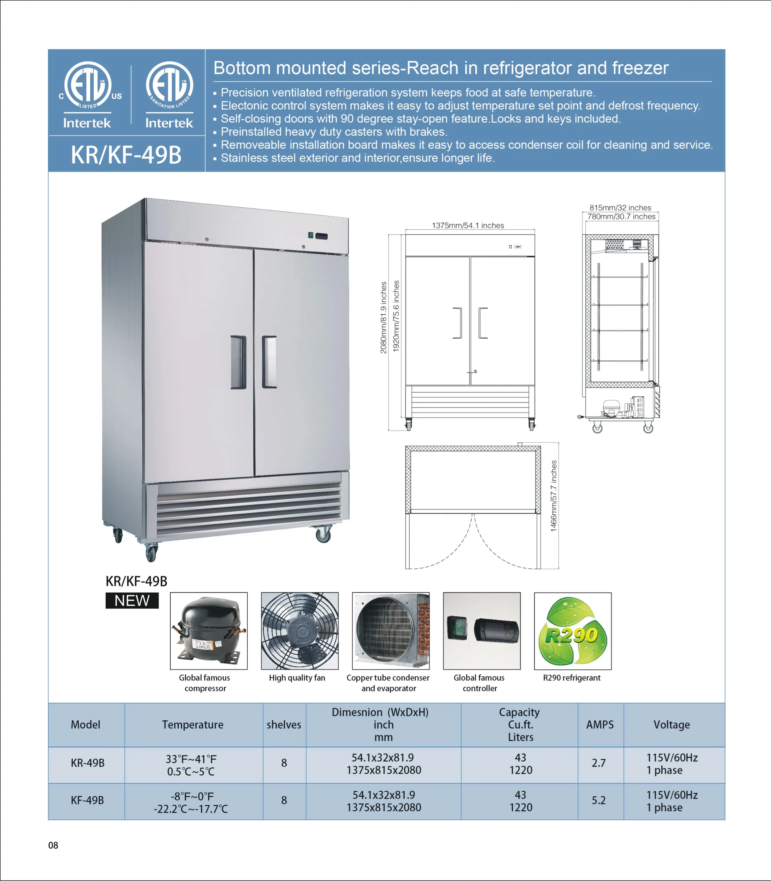 
Two doors Upright commercial refrigerator, refrigerator bottom mounted series reach in chiller freezer 