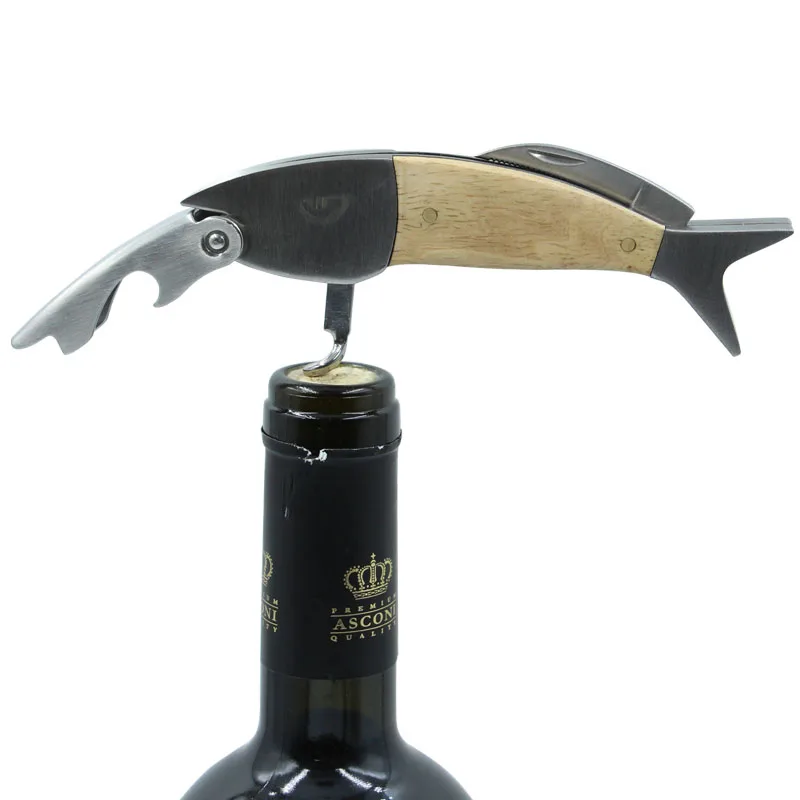 Selco Fish Shaped Wine Opener Wood Handle Professional Metal Openers Multi-function Portable Screw Corkscrew Wine Bottle Opener