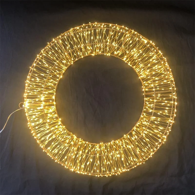New Design Outdoor 3D Metal Framed Christmas wreath with warmwhite Copper Wire Lights for Garden Holiday Christmas Decoration