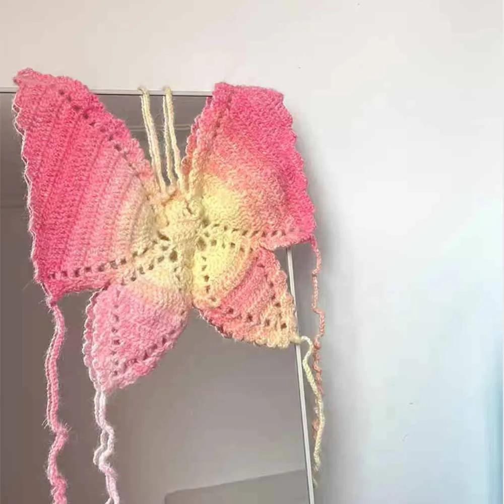 Women sweater crop top hot pink butterfly Crochet top knitted ladies clothing Bandage Lace Up Hollow Out Tank Bikini