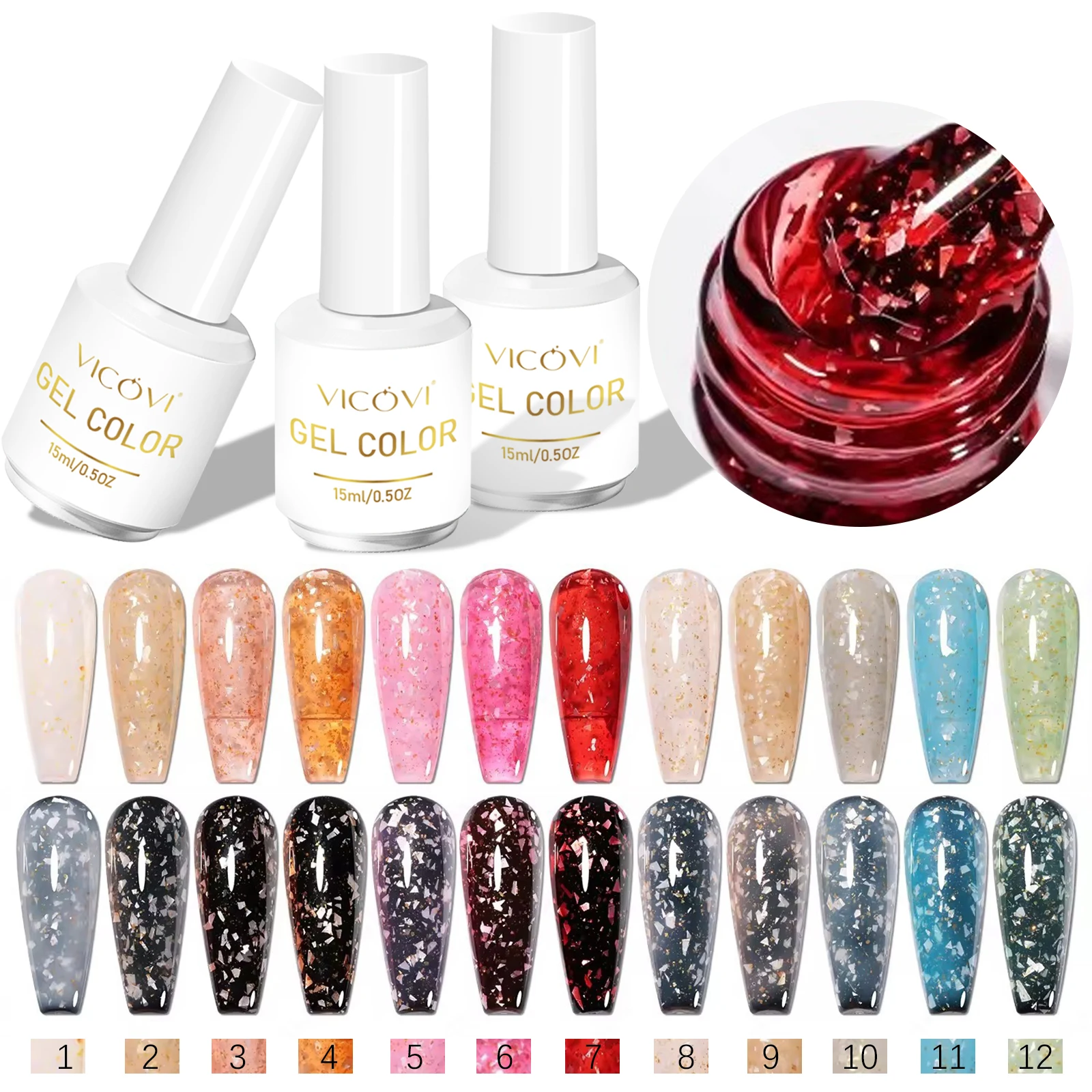 Popular Arrival 12 Colors Mica seashell Gel Polish Soak Off Multicolor Sequin High Pigment Glitter Flake Gel Nail Polish OEM ODM