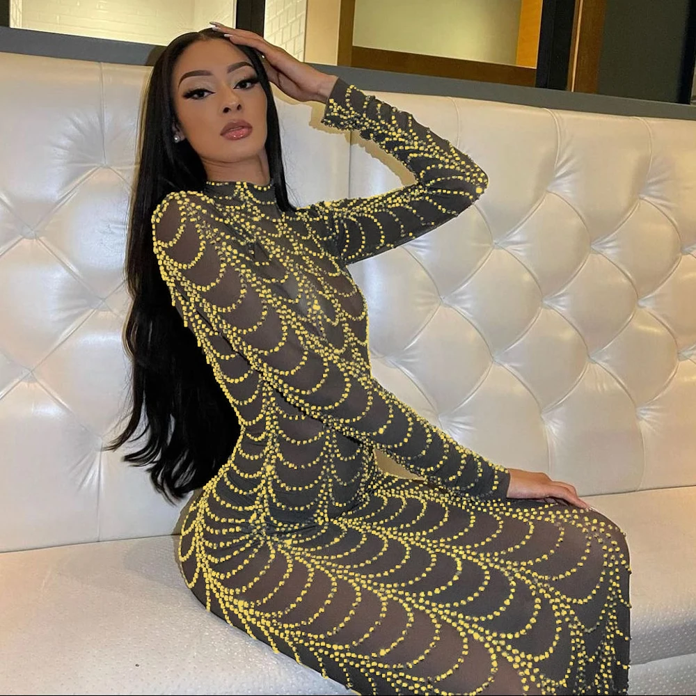 VK2230 Африканское облегающее женское платье большого размера, сексуальное прозрачное платье с бисером и длинным рукавом, блестящее платье с круглым вырезом