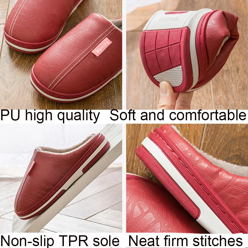 
Home slippers for men Large size Indoor slippers men PU Leather Waterproof Male slippers Winter Plush Warm 