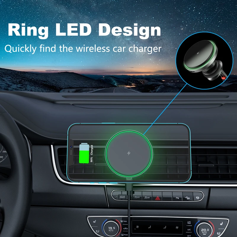 15W Qi Quick Fast Charger Automotive Air Vent Magnet Mount Mobile Phone Charging Stand Magnetic Car Holder