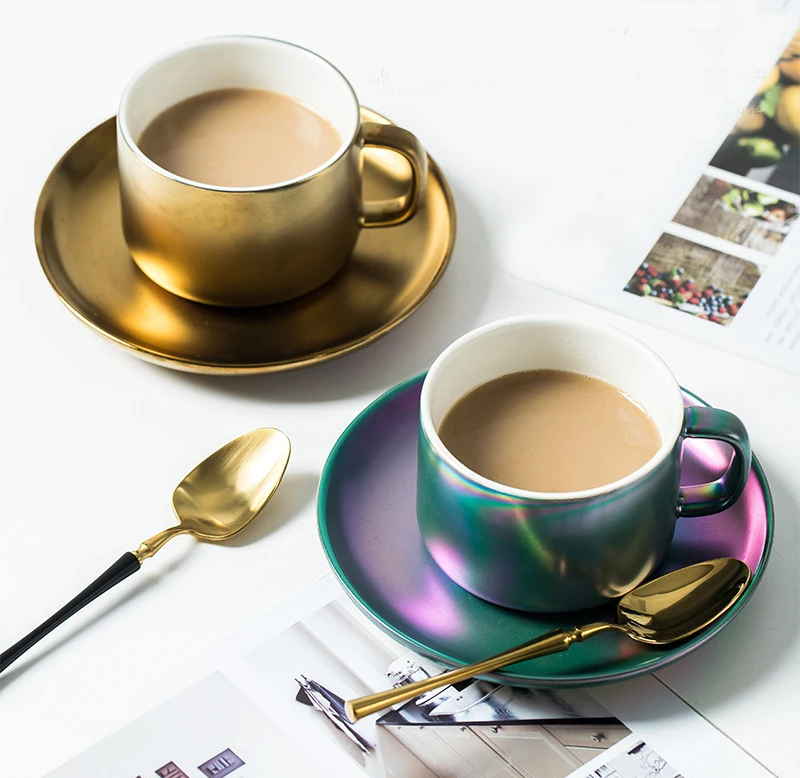 
Nordic holographic luxury gold ceramic tea cup porcelain coffee cup and saucer 