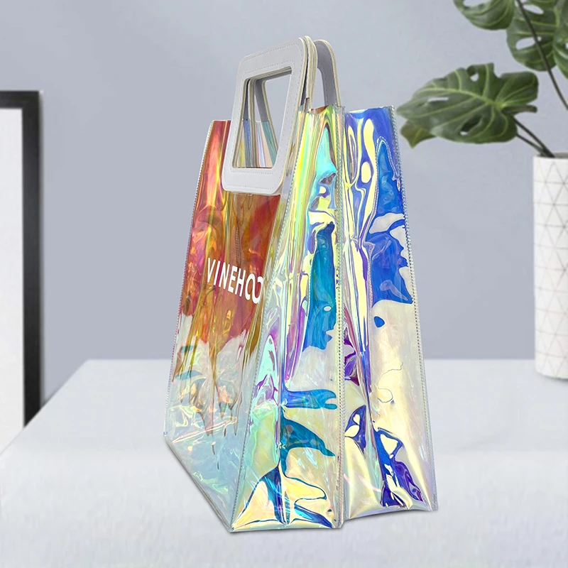 Custom Iridescent Gift Bags with Handles Clear Transparent Holographic PVC Tote Bag Shopping Bag