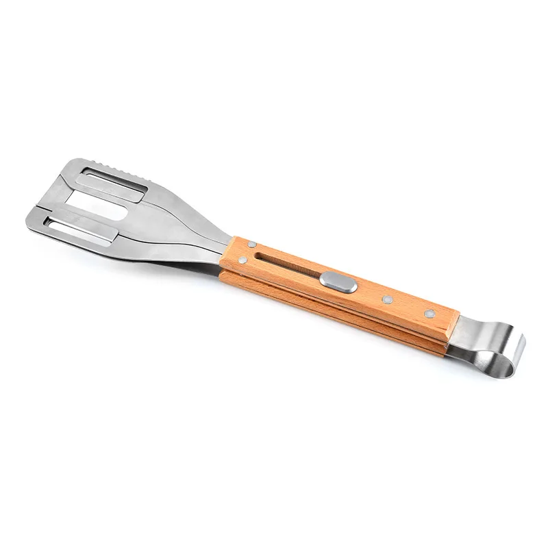 Manufacturer wholesale barbecue tool 2 in 1 multi-purpose stainless steel wooden handle BBQ food tong dessert clip  BBQ fork