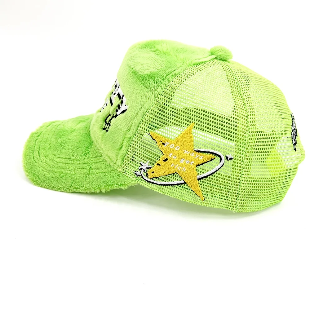Wholesale High Quality Embroidered logo Mesh Trucker Hat Fluffy Fuzzy Velvet Trucker Hats