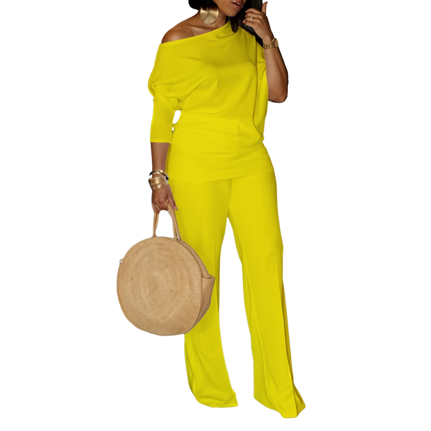D3298 Latest Design Autumn Jumpsuit Women Elegant Solid Color Slash Neck Wide Leg Jumpsuit For Ladies