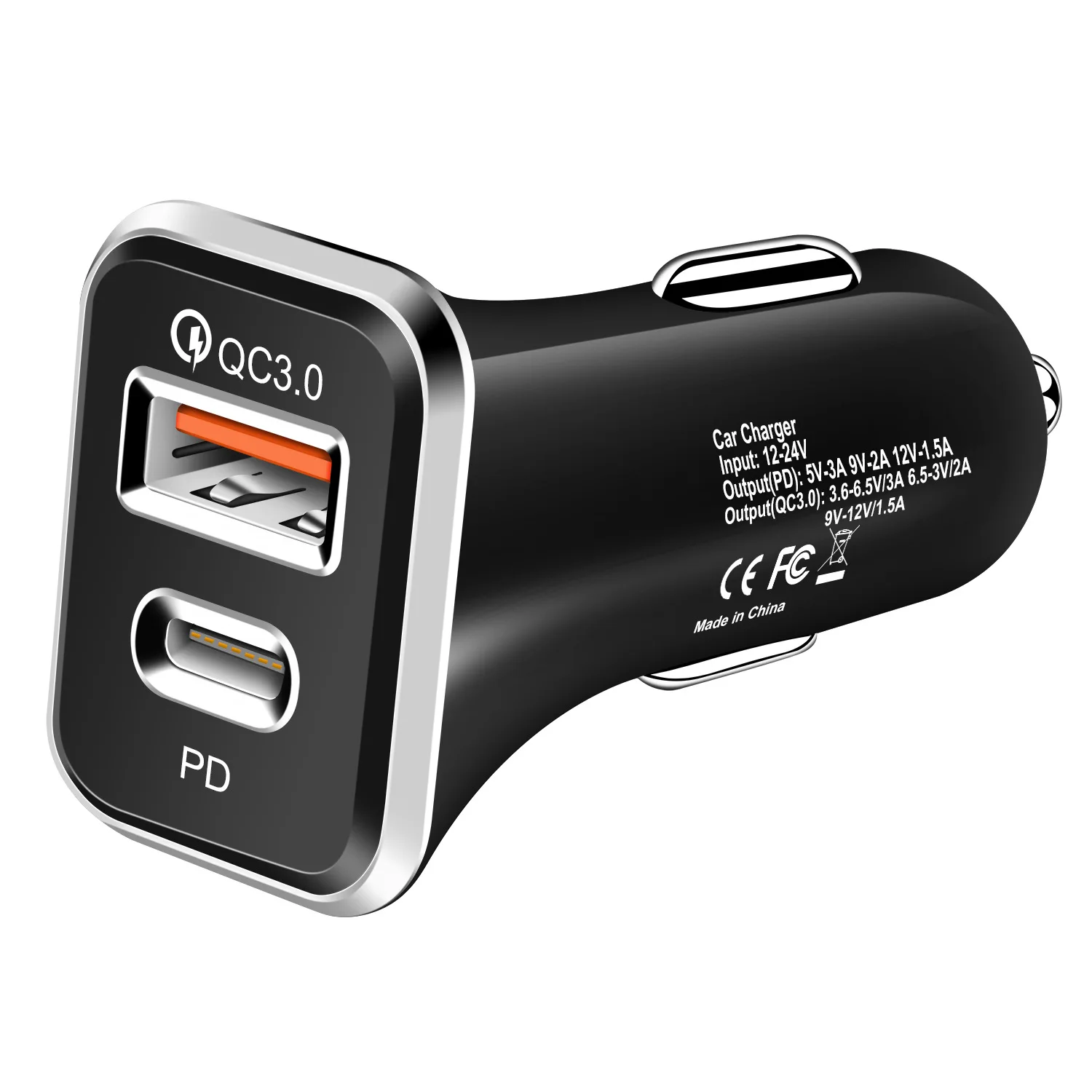 36W USB C + QC3.0 USB A Car Charger Rapid Dual-Port Cigarette Charger for Smartphones Dual USB PD Car Charger