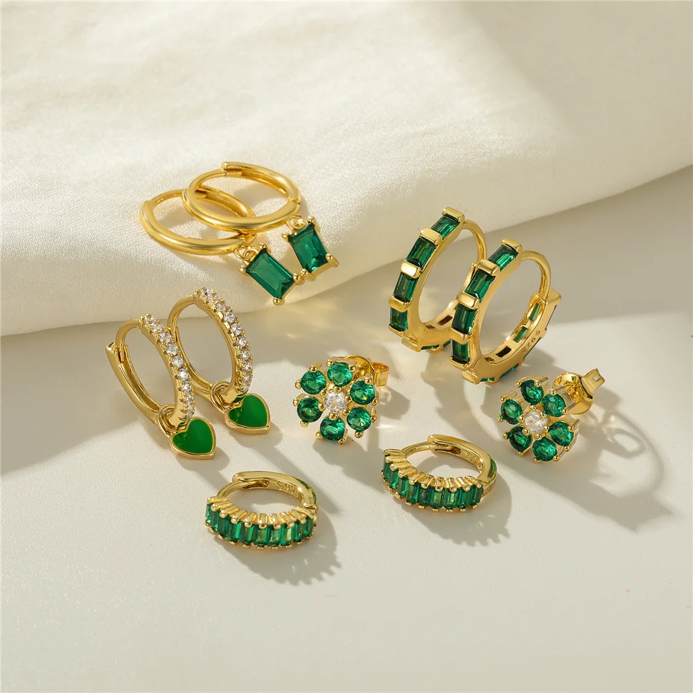 S925 Sterling Silver Green Turquoise 5a Zircon Earrings Multi-Style Combination Set Emerald CZ Stone 18k Gold Plated Earrings