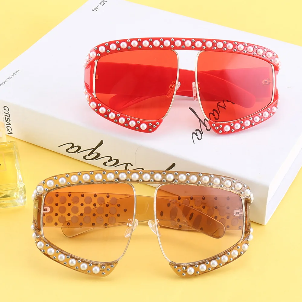 5719 Fashion Big Frame oversize Sunglasses New Pearl Inlaid Sunglasses Street Shot Tide Sunglasses