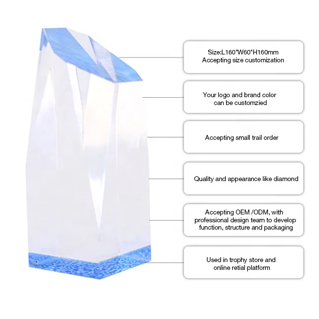 Accepting Small Trail Order Creative Custom Engraved Diamond Crystal Acrylic Trophy Unique Elegant Crystal Acrylic Awards Trophy
