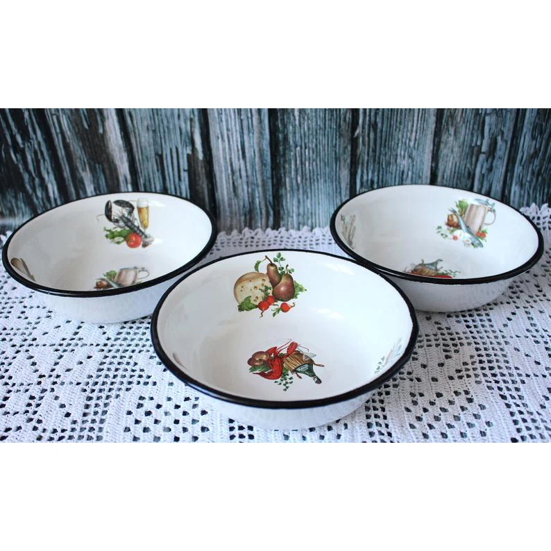 CHL Custom 3pcs solid color airtight enamel salad fruit noodle soup storage enamelware bowl set for hotel