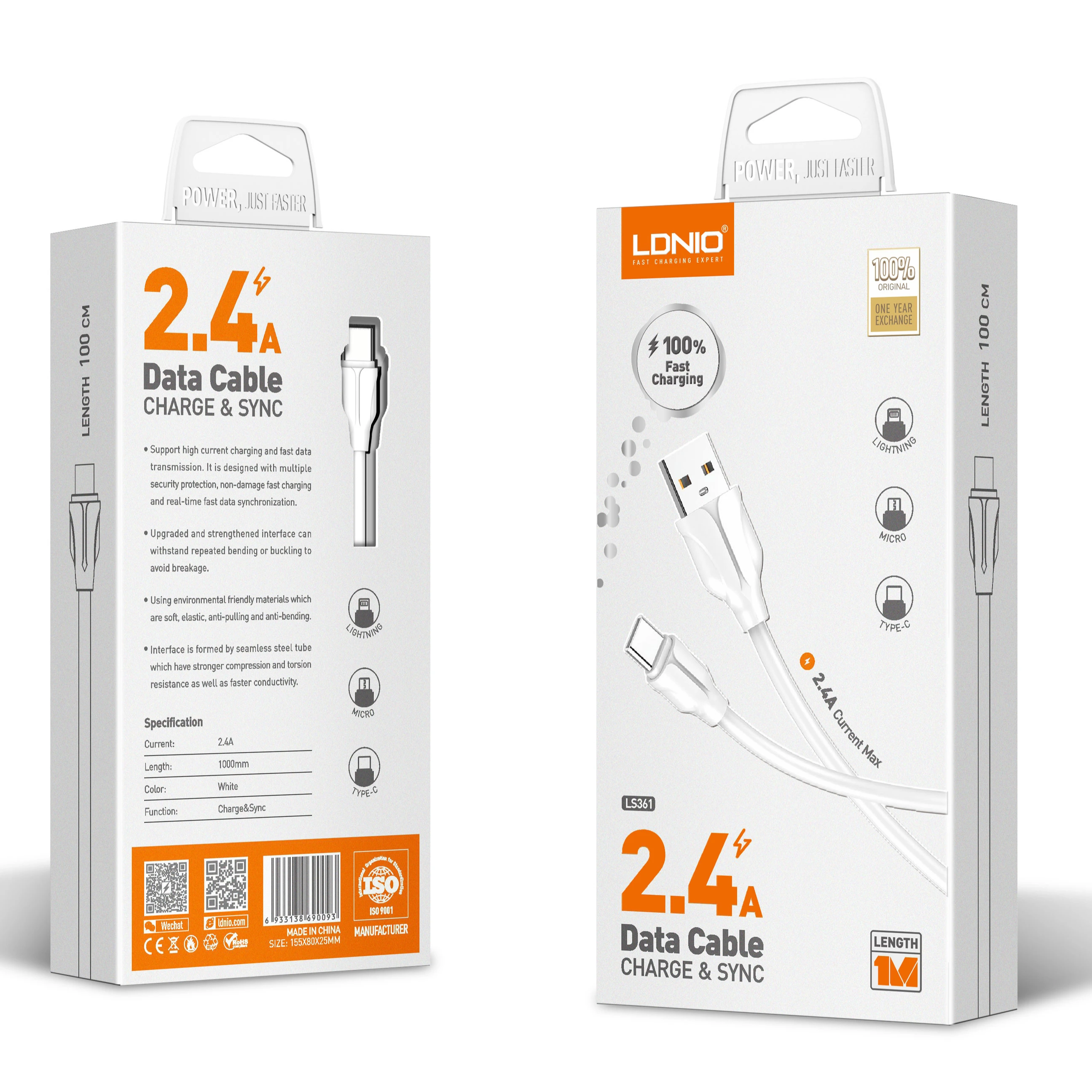 LDNIO New Arrival Hot Sale Wholesale LS361 Quick Charging Usb Cable /type-c usb micro cable  for Mobile Phone 2.4A 1M Fast Cable