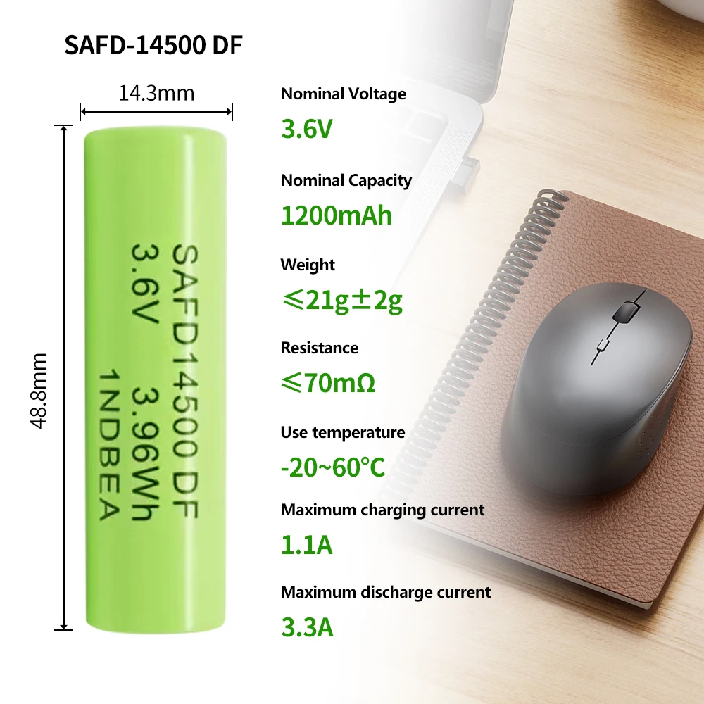 3.6v 1200mah 14500 Aa size Li-ion rechargeable battery for solar lights and flashlights