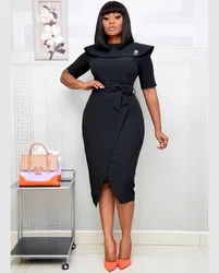 2022 Women Modest Solid Peplum Slit Color Lace Up Bow Elegant Office Work Dress African Women Career Business Dress