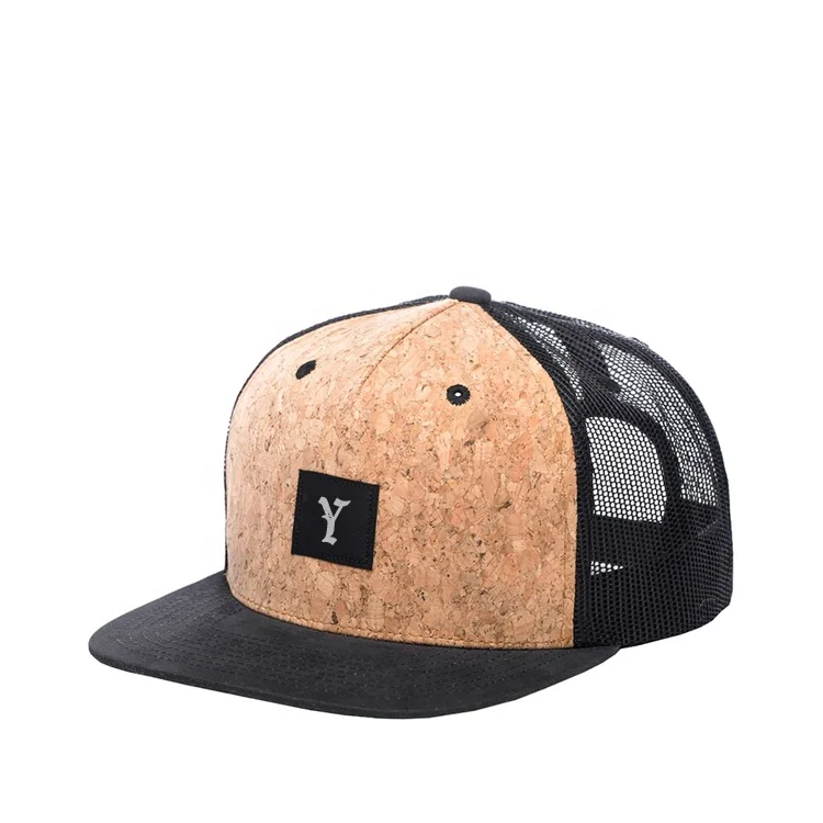 wholesale 5 panel custom cork snapback hat cap mesh trcuker hat with woven label