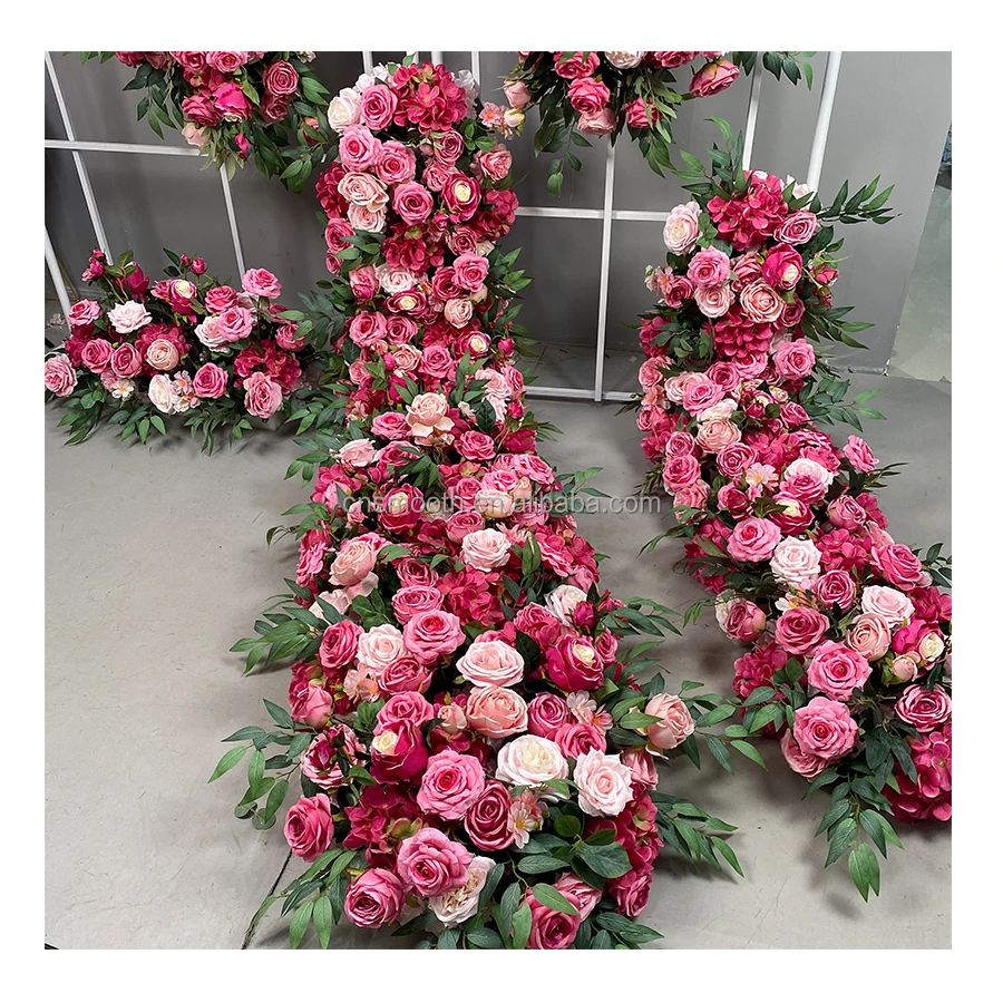 Hot Pink Artificial Flower Runner Wedding Supplies High Quality Rose Floral Panel Table Centerpiece Flower Runner