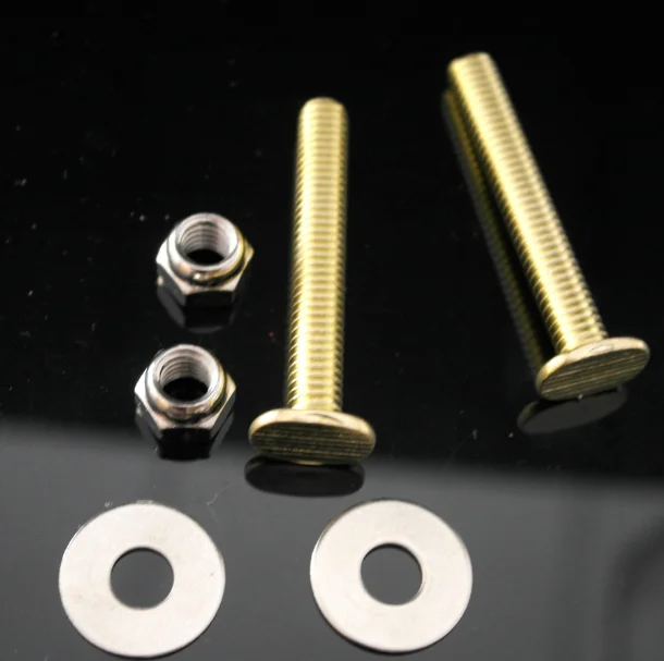 1/4*2-1/2 brass plated T-head toilet bolts , steel anorn nuts , steel retainer washers with polybag