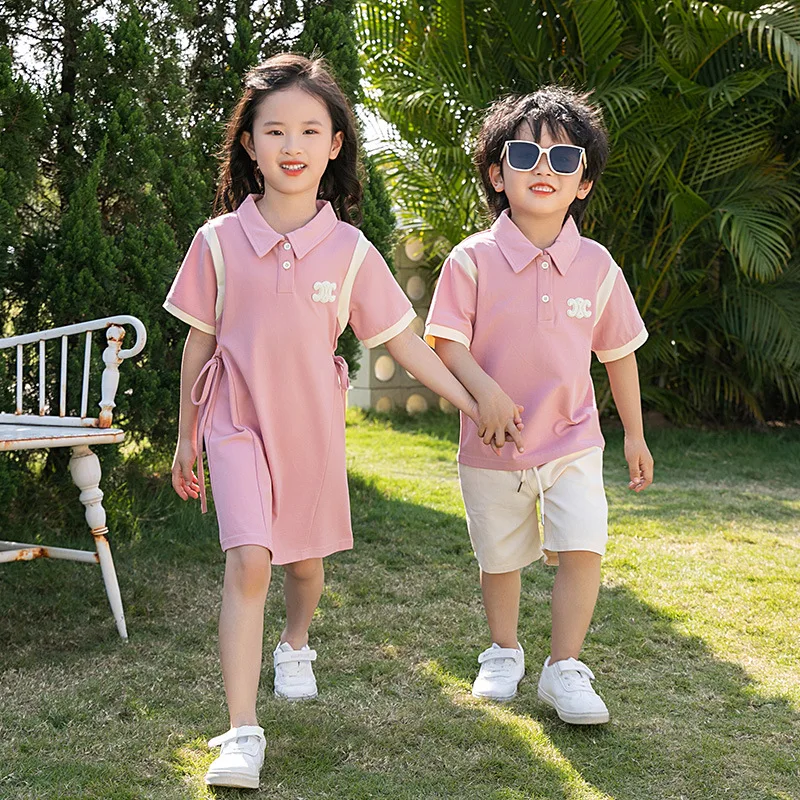 Korean-Style Short-Sleeved Polo Shirt Fashionable Mother-Daughter Outfits Casual Family Matching Dress Parents Kids Fat Babies