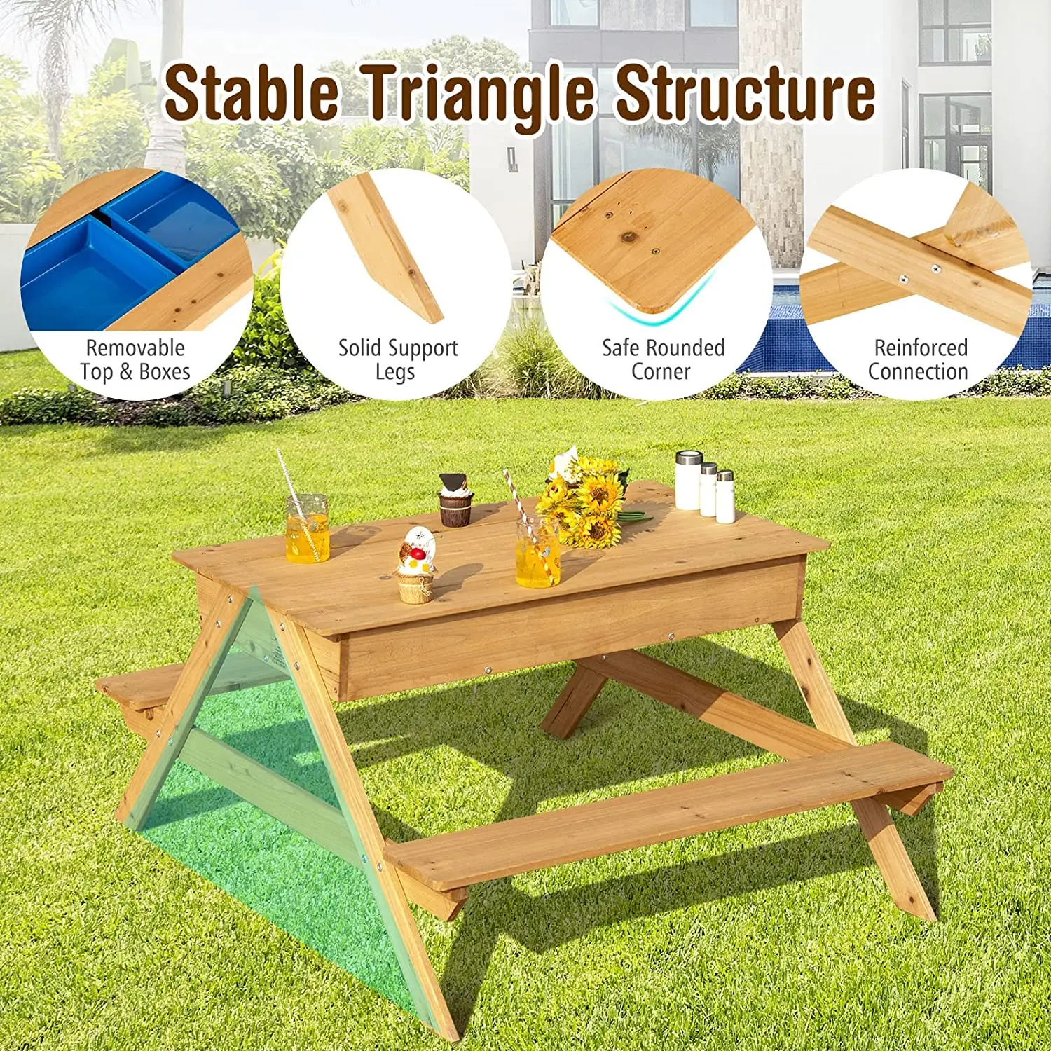 Kids Picnic Table  Outdoor Patio Dining Table  Wood  Activity Play Table  with Sand and Water Storage Box