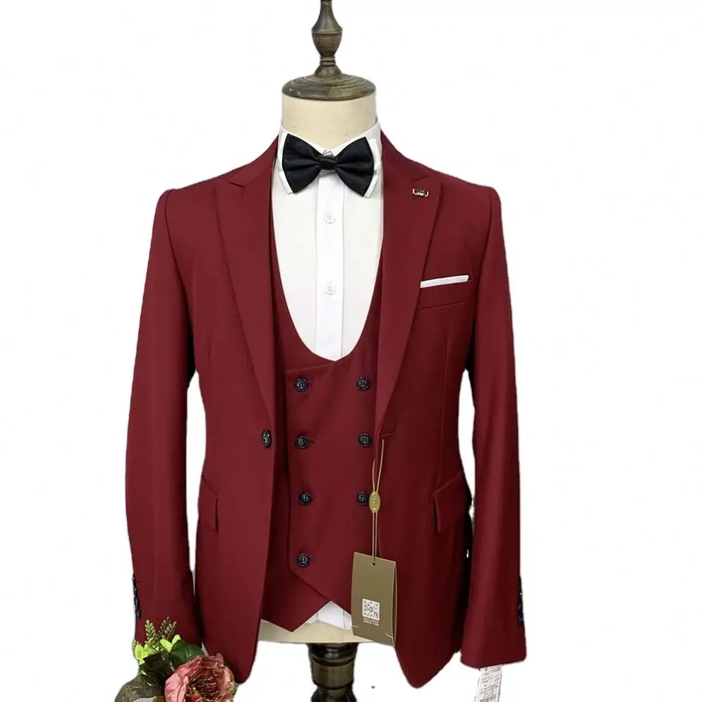 Wholesale Wine Red Casual Oversized Blazer Hombre Formal Three 3 Piece Suits Set For Men In Pakistan