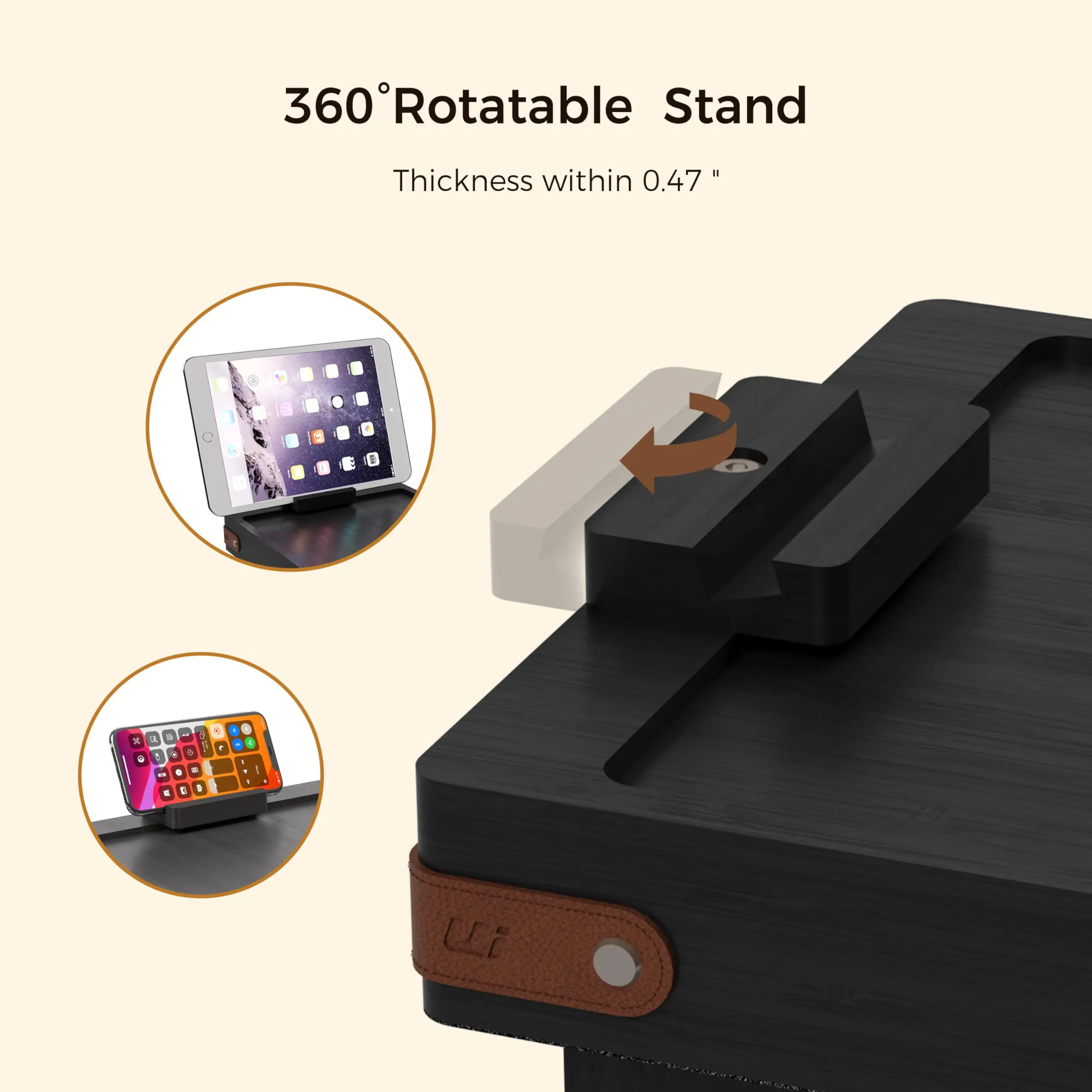 Sofa Armrest Tray with Storage Box, Bamboo Couch Arm Table with 360-deg Rotating Tabletop and Phone Stand,Adjustable Table Legs