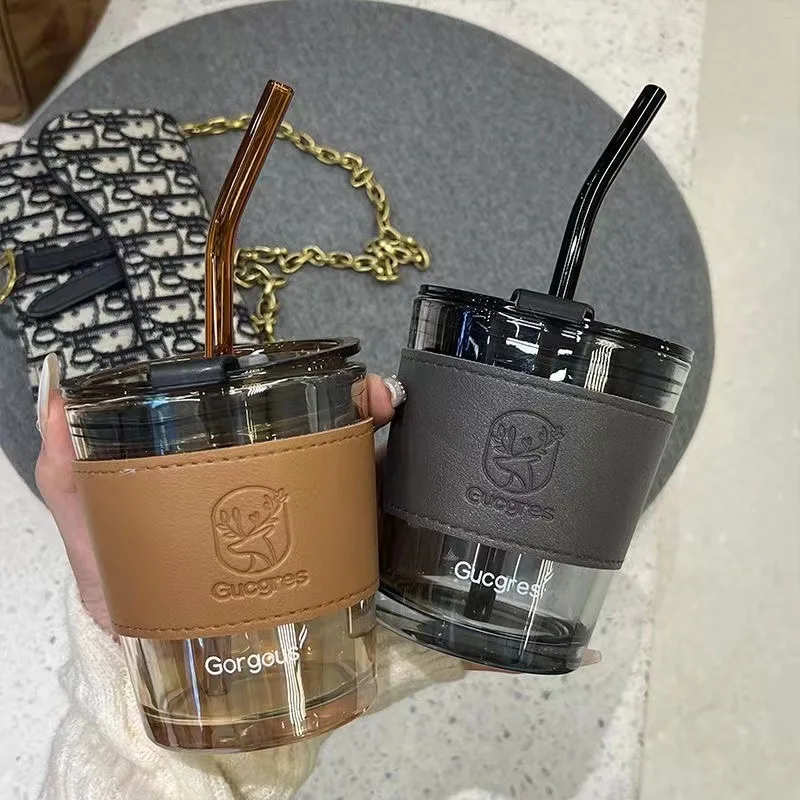 Best Seller Leather Protective Sleeve Glass Cup 450ml Glass Tumbler Sleeve Coffee Cup with Straw and Lid