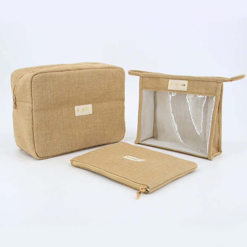 Organic jute Cotton Zipper Clear Makeup Bags with Zipper Small Toiletry Multi Purpose Travel Makeup Organizer for Women