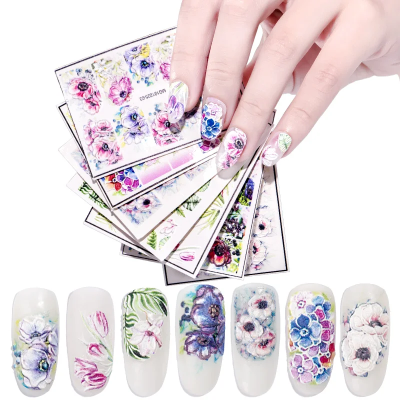 5D Tulips White Camellia Nail Stickers Embossed Relief Orchid Floral Leaf Flowers Carved Sliders Gel Polish Decoration