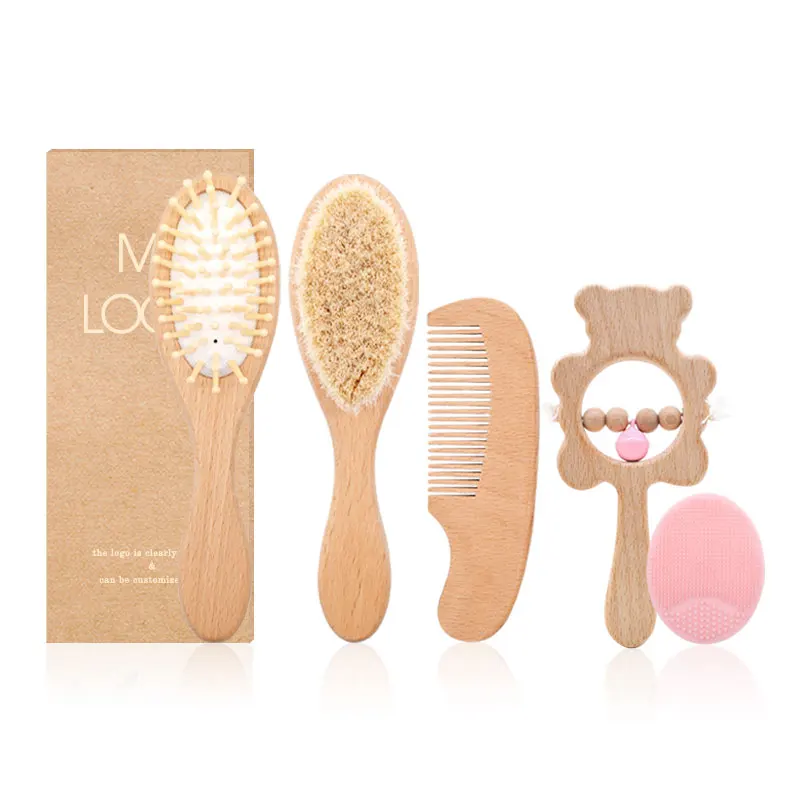 Wholesale 5PCS Natural bambo LOGO Goat Bristle  Silicone Bath Brush Wood  Newborn  Shower bamboo Baby Hair Brush and Comb Set