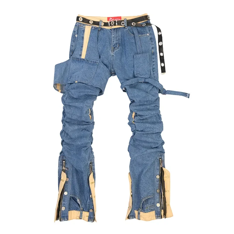Custom Multi Pocket Denim Cargo Pants Flared Skinny High Waist Jeans Men Street