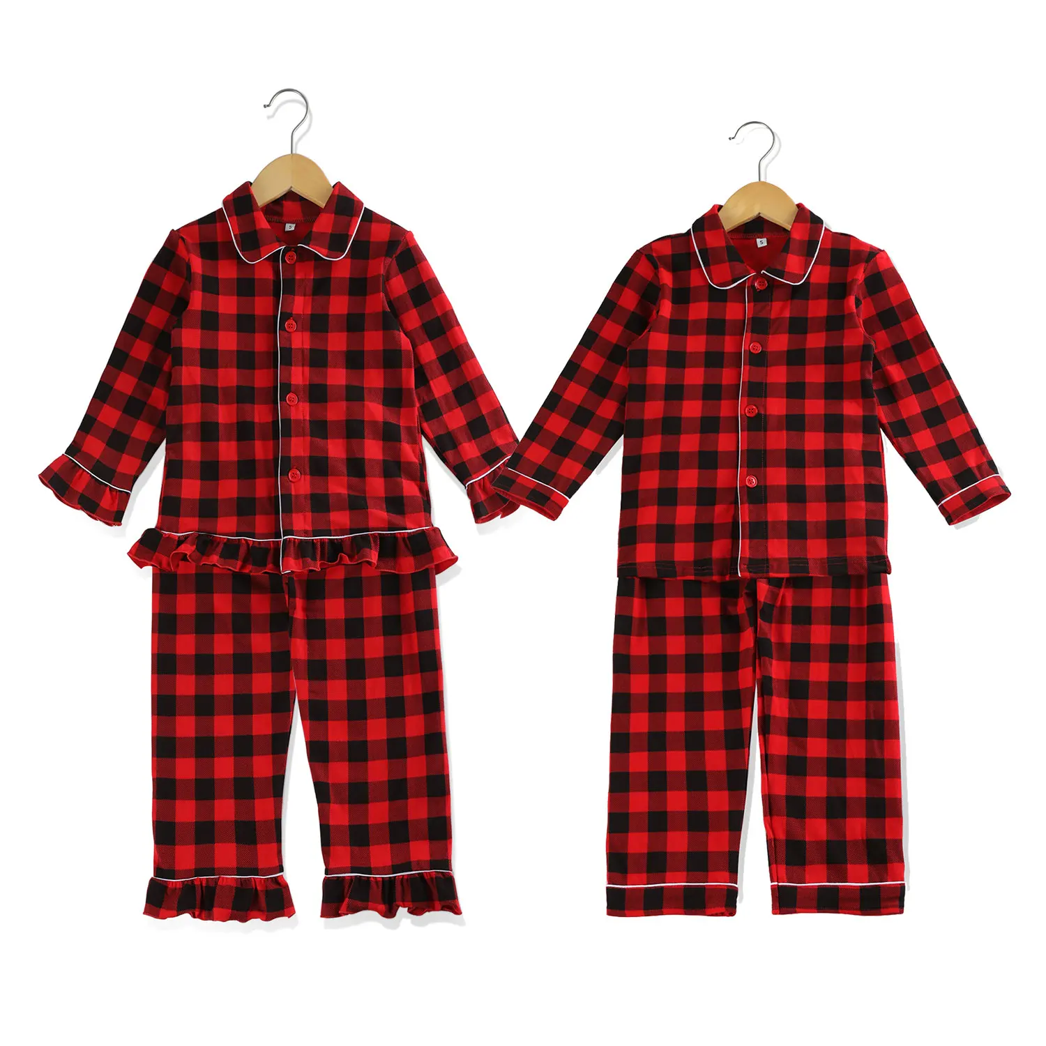 NO MOQ Christmas buffalo plaid knit cotton fabric long sleeves button with pockets kids night pyjamas
