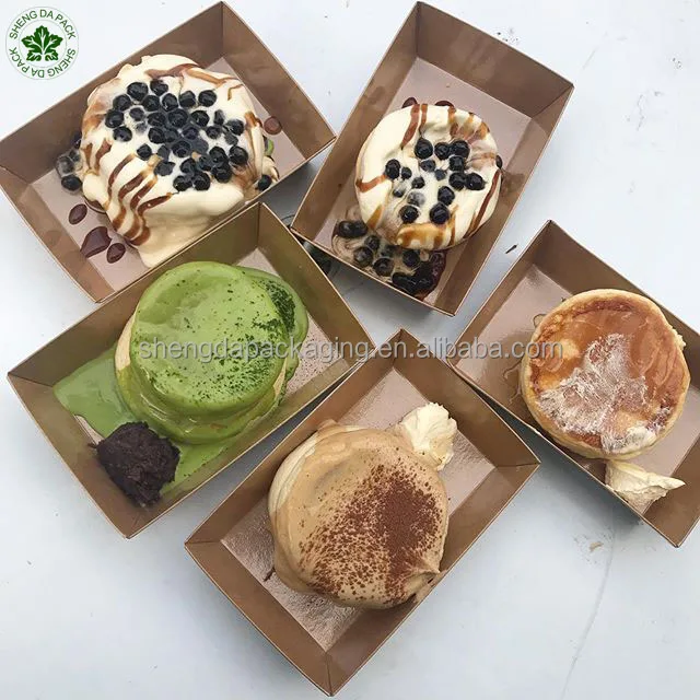 Custom Logo Printed Japanese Souffle Pancake Food Recycled Paper Boat Tray with Lids