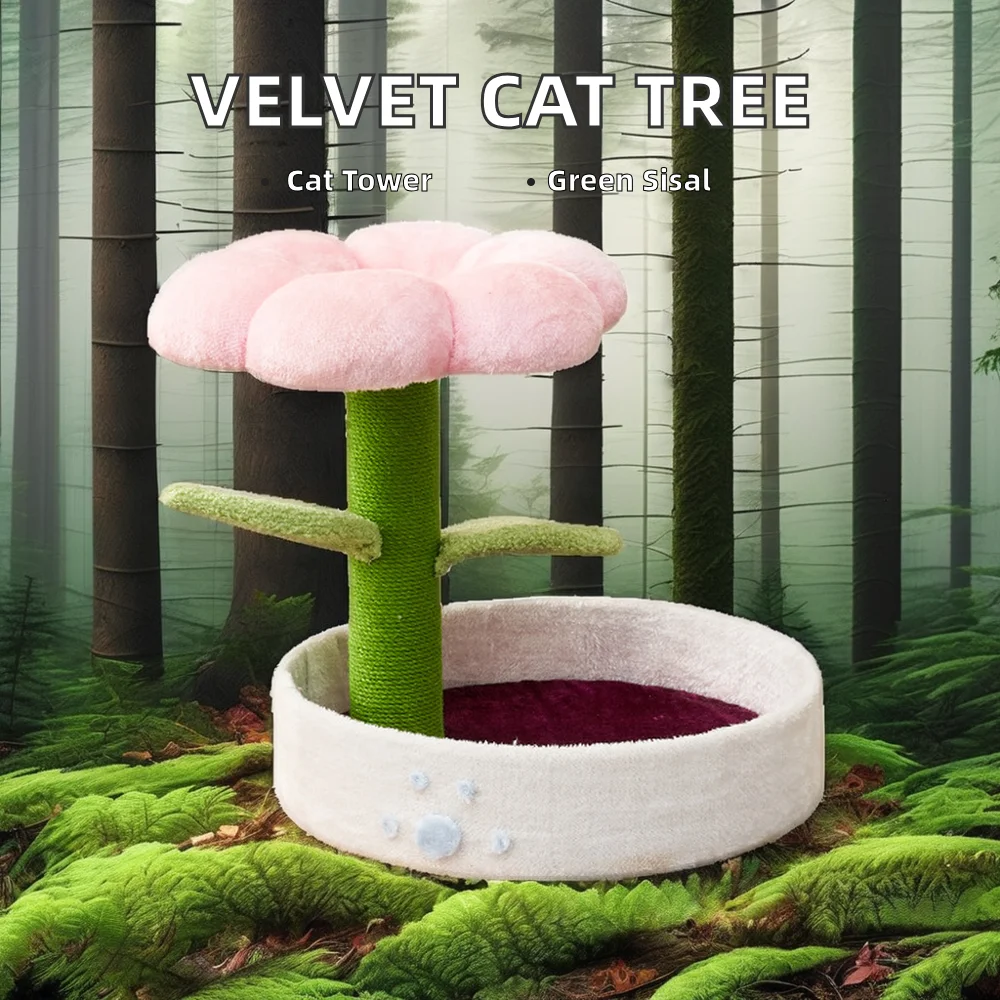 Luxury Large Cat Tree Tower Solid Wood and Soft Velvet Sisal Scratching Post with Woolen Flower for Kitten Climbing